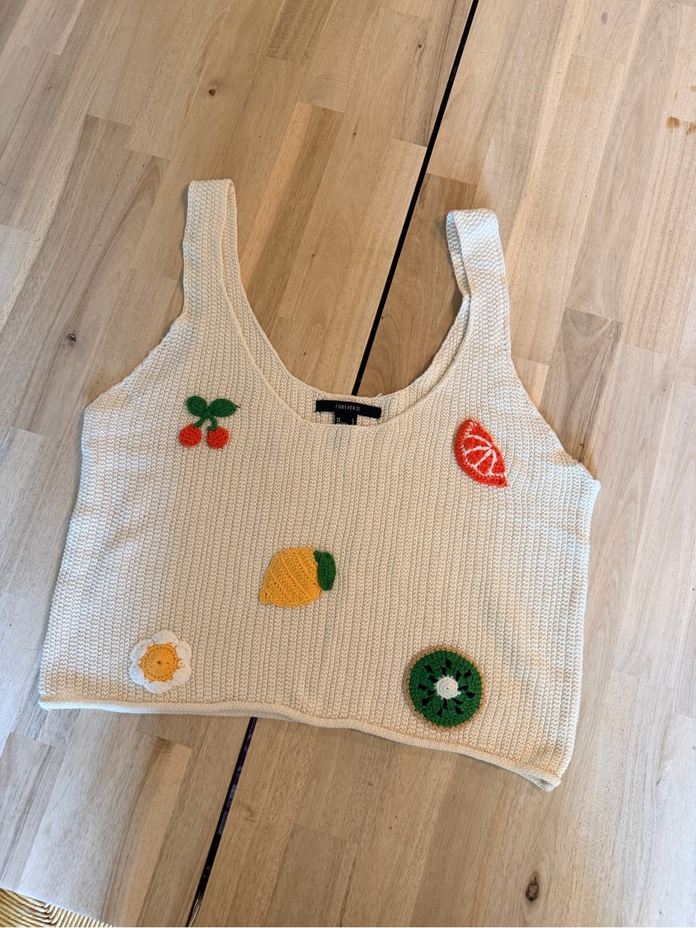 Forever 21 Cream Knit Fruit Appliqué Cropped Tank